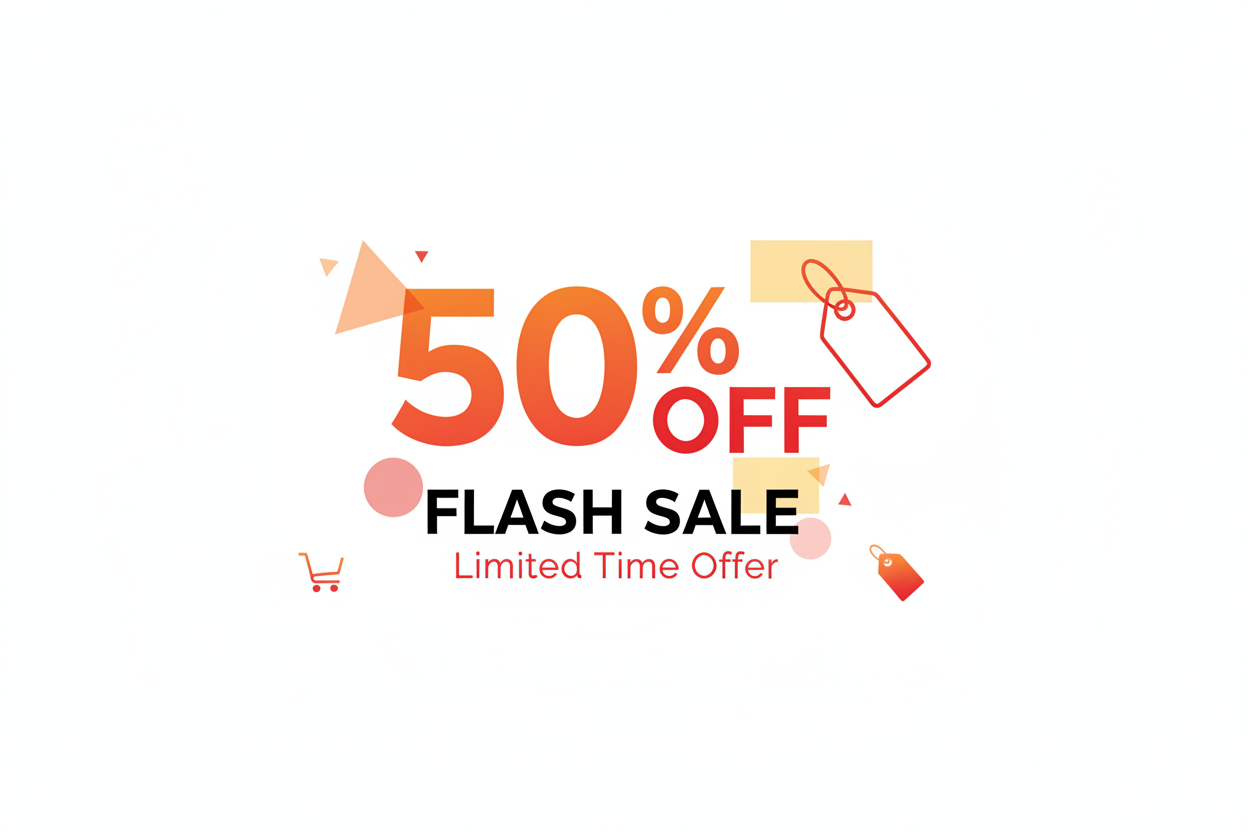 make me an image for a banner of ecommerce company with white background with 50% off sale offer, banner background should be white
